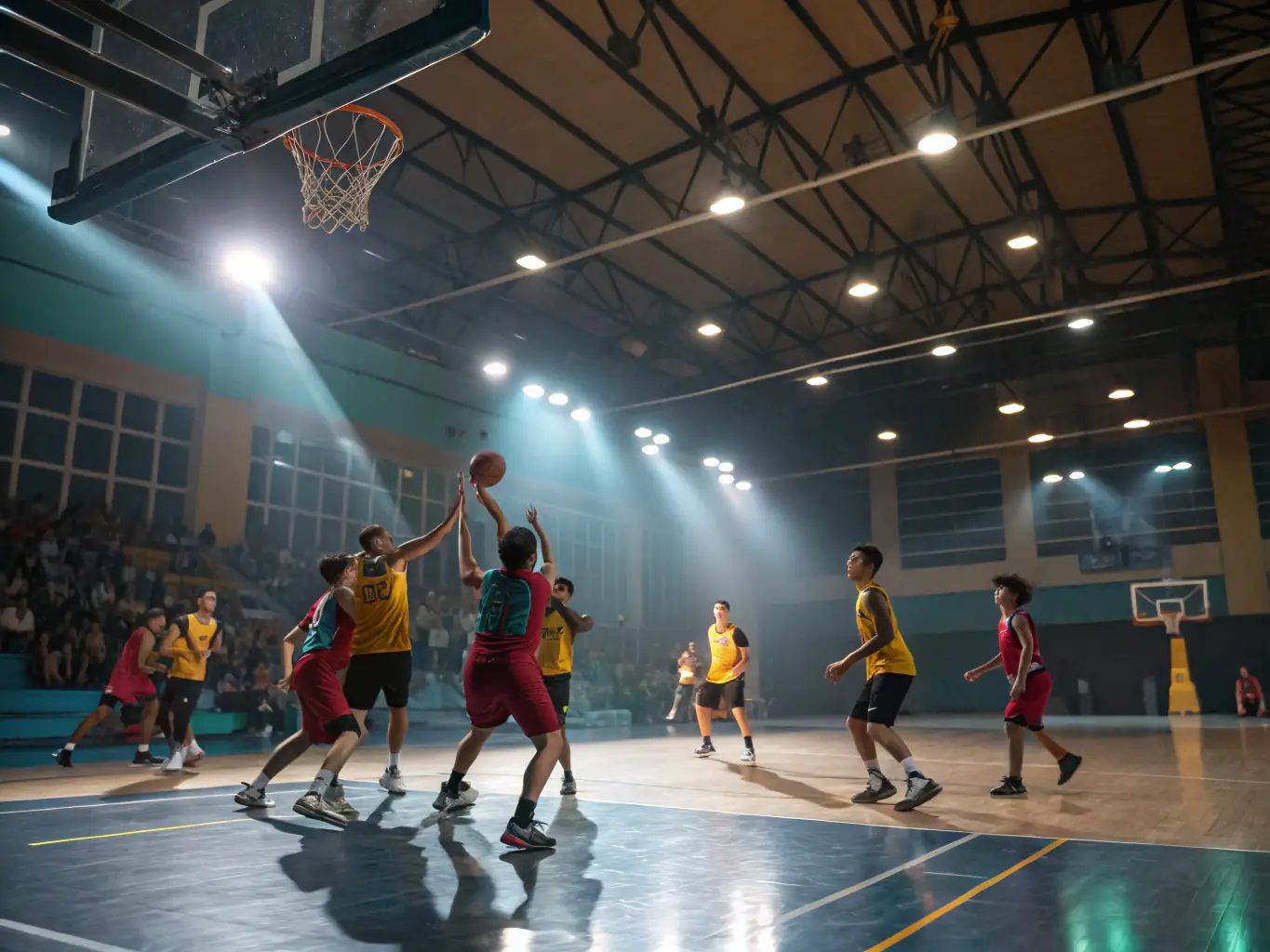 A vibrant image of young people participating in a basketball game at one of our sports centers, showcasing teamwork and enthusiasm.