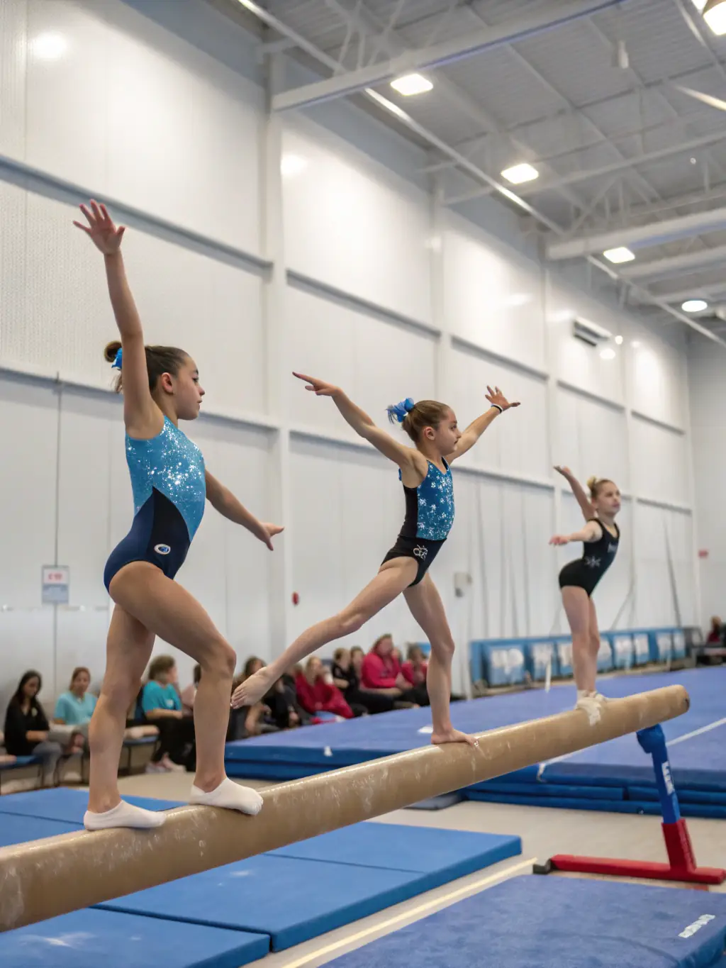 A group of young rhythmic gymnasts practicing with ribbons, showcasing their flexibility and coordination in a training session at Avenir Rythmique Dionysien.