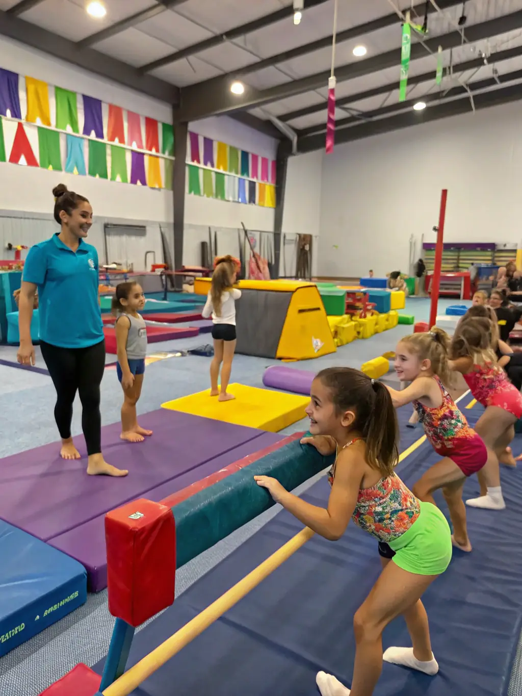 A group of children participating in a rhythmic gymnastics class, learning basic movements and having fun with hoops.
